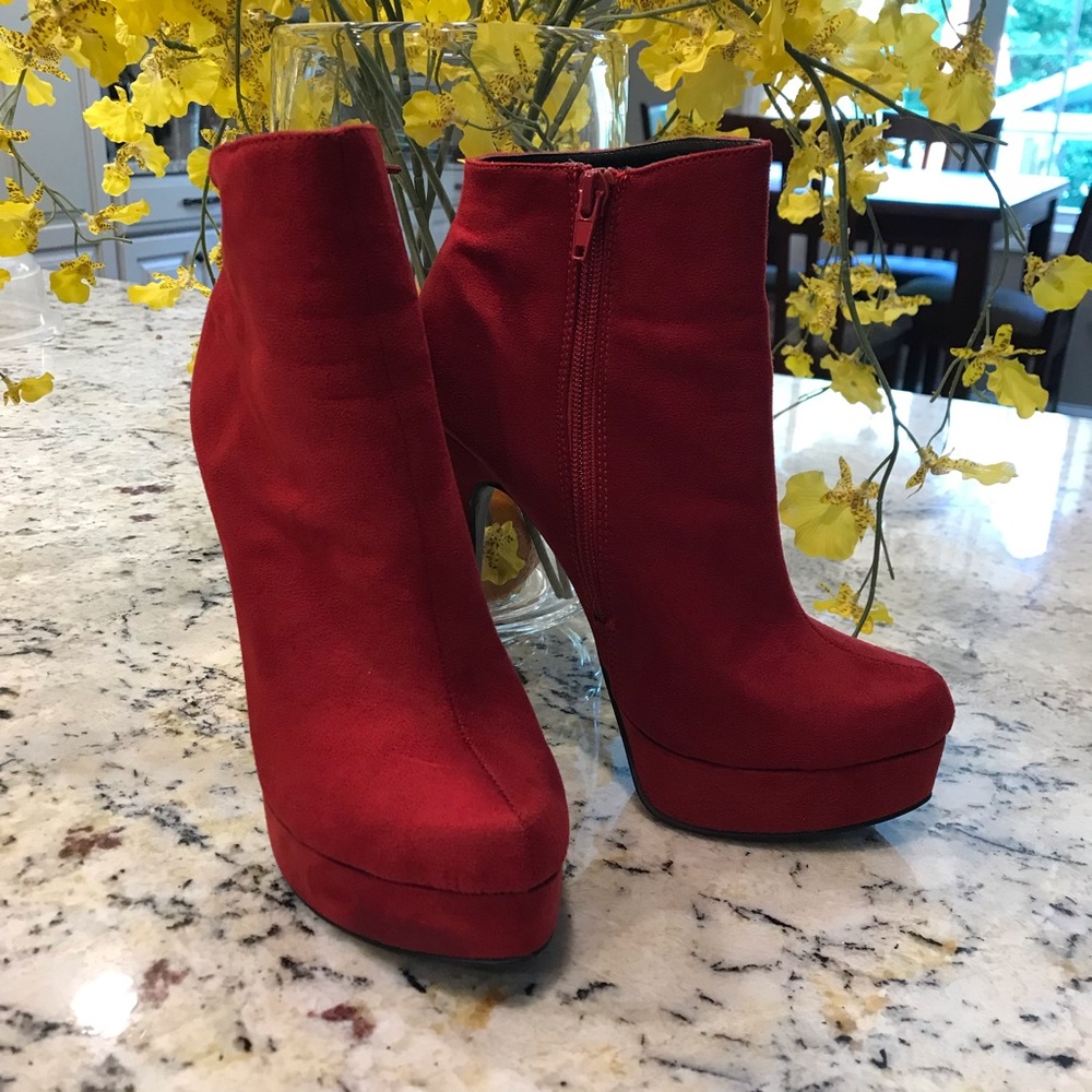 Faux suede red platform booties